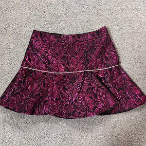 MAJE MAGENTA & BLACK BROCADE METALLIC FLARE MINI SKIRT - EUC - SIZE SMALL